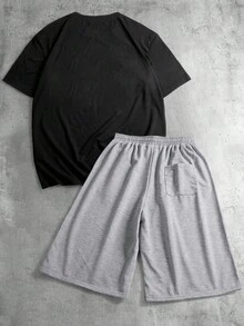 男士黑色T恤和浅灰色阔腿七分裤两件套休闲街头风穿搭 - 淺灰色 - 查看 5
