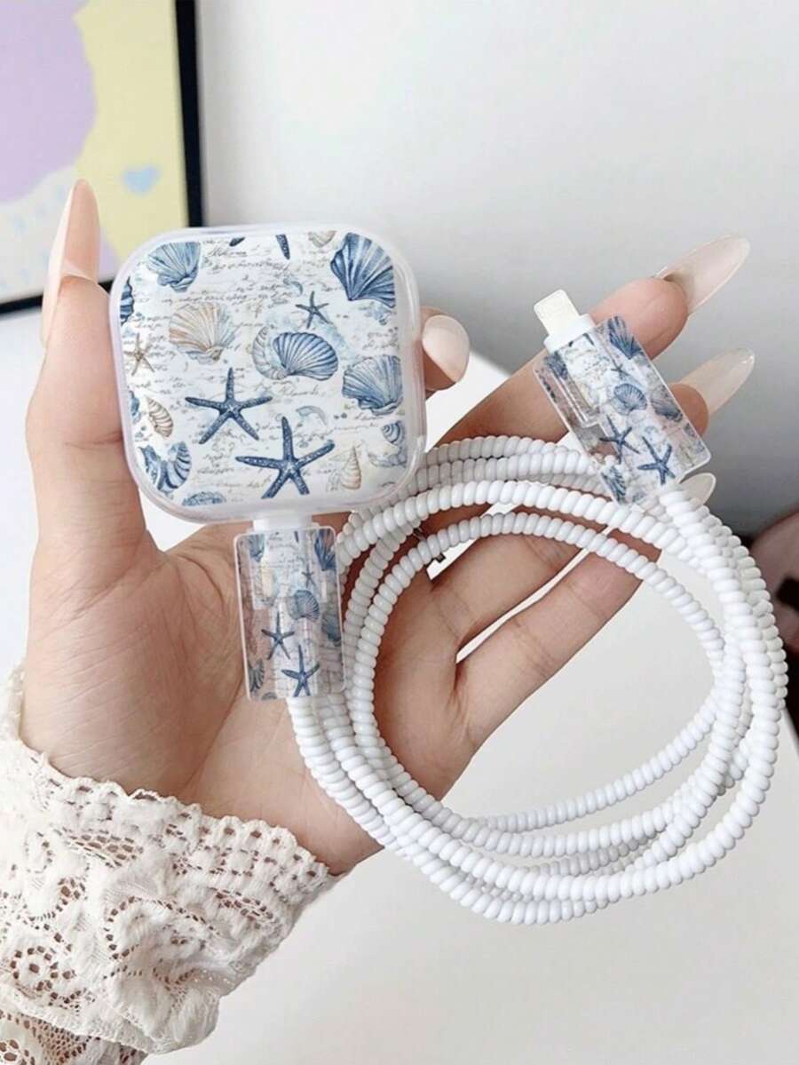 1 Set Blue Turtle Charger Protective Case, Compatible With UK Standard 18W/20W Transparent Charger Protective Case, Compatible With 13/14/15/16, TPU Cable And Charger Head Protective Sleeve, Gift, Electronic Office Accessories, Cable Protective Sleeve, Charger Accessories, Phone Accessories - Blue Sea Turtle - View 1