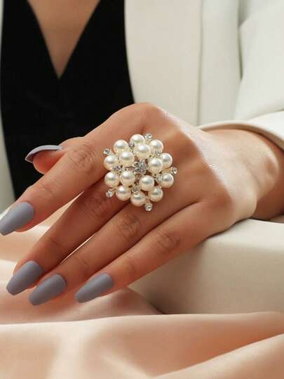 1pc Fashionable Exaggerated Adjustable Pearl & Rhinestone Flower Ring, Elegant Pearl Ring For Party & Evening Wear