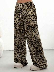 Women's Pink Leopard Print Drawstring Straight Leg Casual Pants With Pockets, Lightweight Stretchy Polyester Fabric - Coffee Brown - View 8
