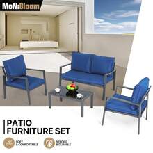 Patio Furniture Set Of 4, Heavy Duty Conversation Sets Outdoor Metal Table And Loveseat Chairs Set With Upholstered Seat And Pillows - Màu xanh lam - Xem 5