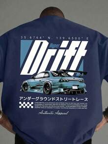 FRACTYR 男士夏季休闲街头服饰 | 日本街头赛车“Hyper Drift”图案T恤 | 必备复古街头风单品 | 圆领短袖上衣 - 藏蓝色 - 查看 1