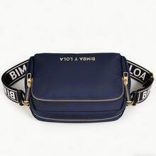 1 Small Square Nylon Bag With Letter Print, Zipper, Detachable Wide Shoulder Strap, Women's Casual Crossbody Bag, Suitable For Year-Round Use, Available In Several Colors - Màu xanh đậm với chữ đen và chữ trắng (logo vàng) - Xem 4