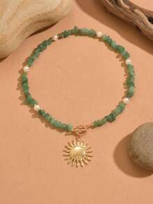 1条创意串珠项链，配金色太阳吊坠，时尚百搭的颈链，适合日常佩戴和参加派对。珠子和宝石的数量因长度而异。 - 彩色 - 查看 3