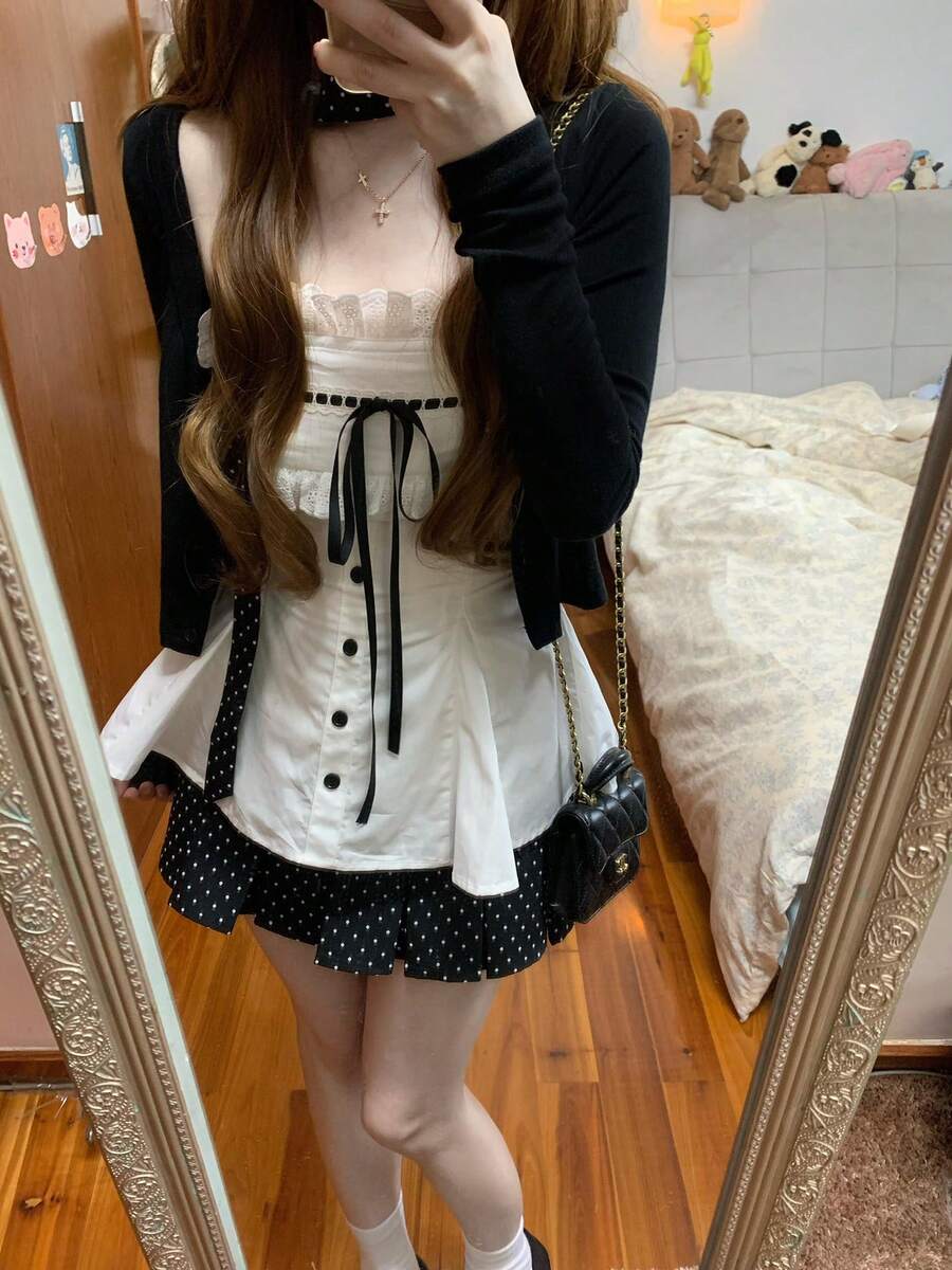 Áo hai dây nữ mới với viền ren và nơ chấm bi, thích hợp cho mùa xuân/hè. - trắng - Xem 1