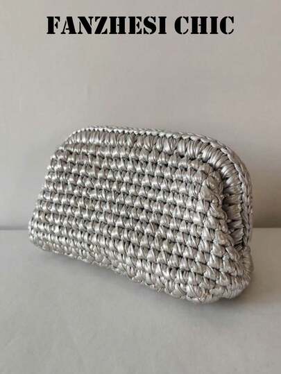 This Is A Stylish And Elegant Metallic Crocheted Women's Clutch, A Graceful Handmade Crocheted Women's Tote Bag.