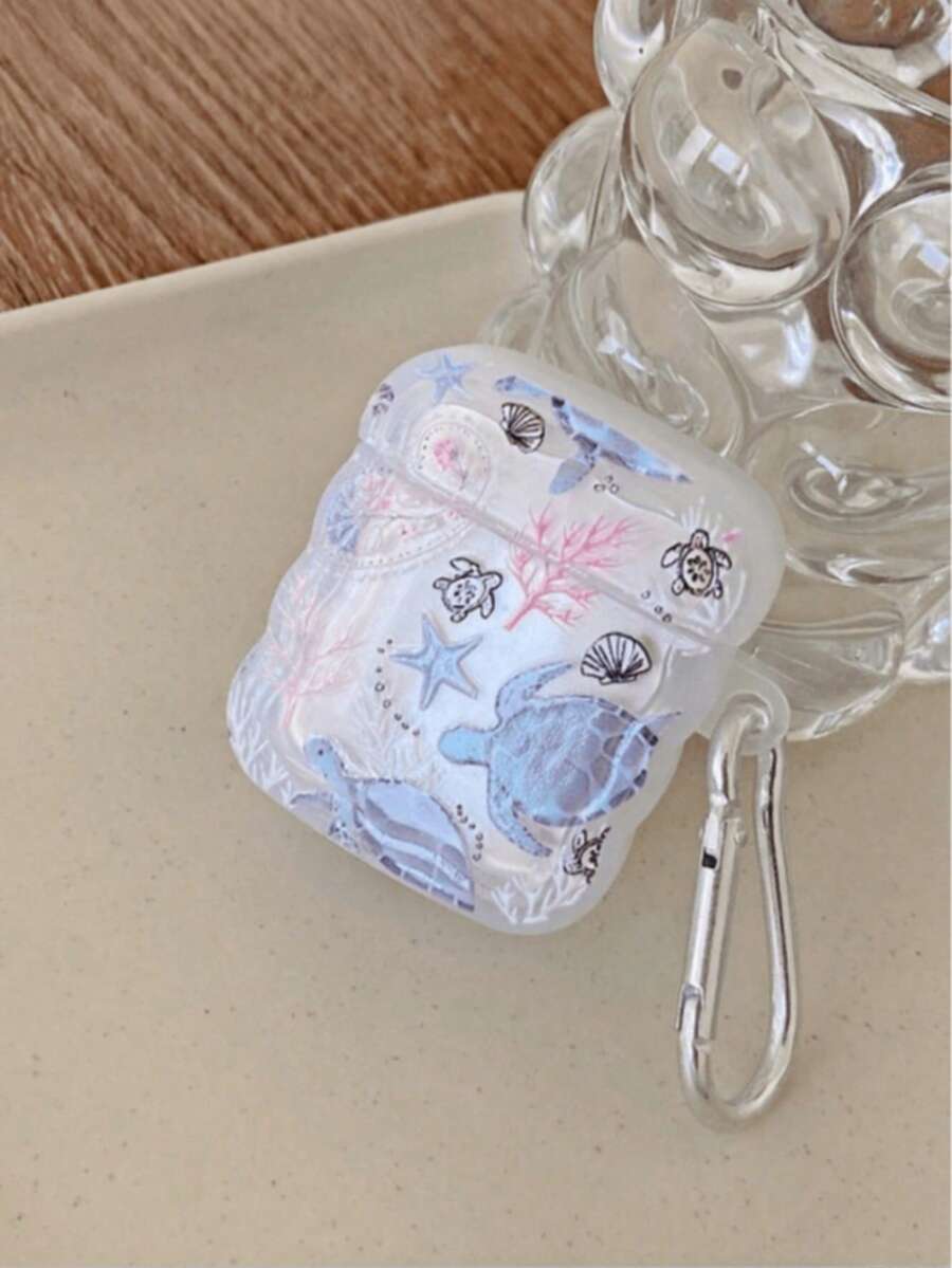 海洋元素海龟、贝壳、珊瑚耳机盒,透明波浪纹耳机盒,含一个耳机盒支架,兼容苹果耳机盒、耳机盒Pro(第二代)、耳机盒3、耳机盒Pro、耳机盒1/2、耳机盒4 - 彩色 - 查看 1