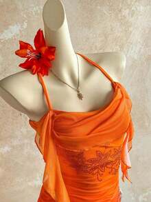 Women's Gradient Orange Rhinestone Floral Ruffle Mini Dress, Suitable For Holiday, Date, Afternoon Tea, Beach, Cruise, Island Vacation, City Trip, Music Festival, Boho Vacation, Party, Can Be Worn Inside Or Outside, Beach Set Orange Vacation Dress Sunset Color Outfit Tequila Sunrise Dress Sunset Dress,Valentine's Day Outfit - 橘色 - 查看 11