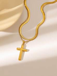 1pc Minimalist Fashionable Gold Cross Pendant Necklace, Stainless Steel Material, Unisex Casual Street Style - Gold - View 12