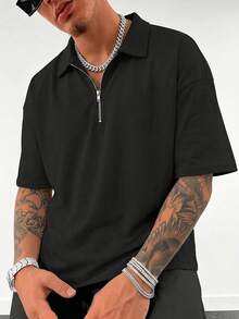 GRDR Men's Summer Half Zip Polo Shirt, Solid Color Classic Short Sleeve Suitable For Outdoor Casual Wear - Black - View 7