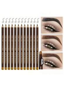 12 piezas/paquete Lápiz de cejas de color mate con sacapuntas, lápiz de maquillaje profesional para ojos y labios, punta fácil de usar, negro natural, marrón, café oscuro, lápices de maquillaje multifuncionales y portátiles - Multicolor - Ver 2