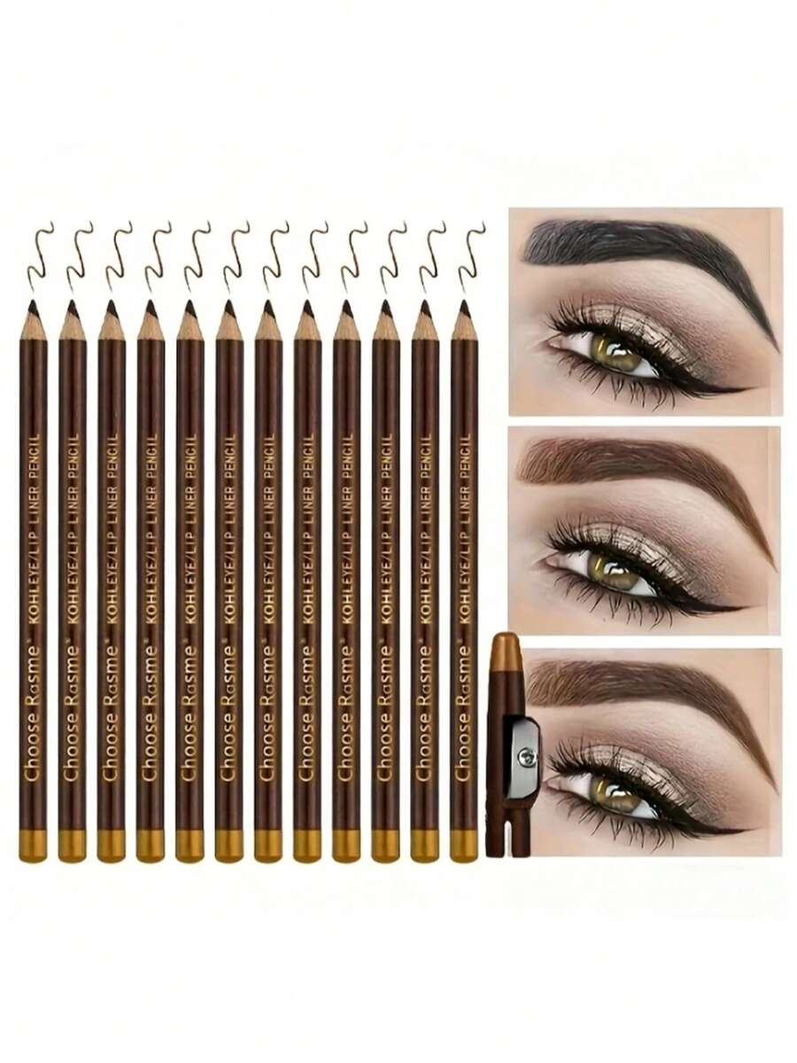 12 piezas/paquete Lápiz de cejas de color mate con sacapuntas, lápiz de maquillaje profesional para ojos y labios, punta fácil de usar, negro natural, marrón, café oscuro, lápices de maquillaje multifuncionales y portátiles