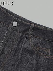 DONICY 女士深色水洗喇叭牛仔裤，复古风格 - 黑色 - 查看 4