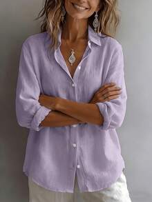 Women's Elegant Resort Style V-Neck Top, Loose And Relaxed Linen Blend Shirt, Suitable For Commuting, Casual, And Artistic Styles, Slimming And Flattering, Everyday Chic, Loose-Fitting, Draping, Breathable, Comfortable, And Relaxed Style. - 紫色 - 查看 6