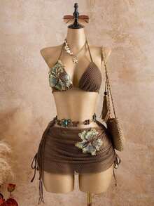 Bellisia 3pcs Textured Fabric Floral Print Bikini Set, Swimwear With Skirt, Spring/Summer Beach Vacation Beach Skirt Set Bikini Skirt Set Brown Two Pieces Set Women Brown Bikini Set Skirt Swimwear Set - 棕色 - 查看 1