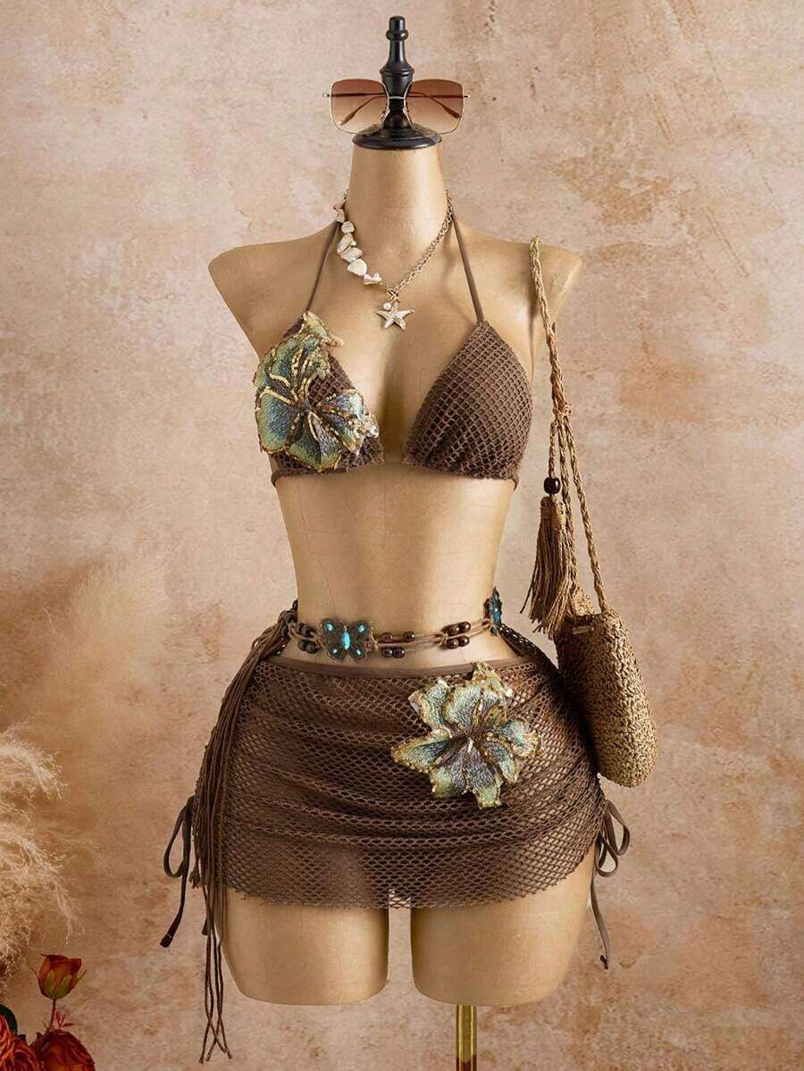 Bellisia 3pcs Textured Fabric Floral Print Bikini Set, Swimwear With Skirt, Spring/Summer Beach Vacation Beach Skirt Set Bikini Skirt Set Brown Two Pieces Set Women Brown Bikini Set Skirt Swimwear Set - 棕色 - 查看 1