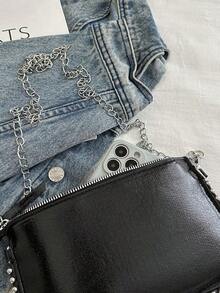 Cracked Leather Envelope Bag, New Fashion Charisma Lady's Shoulder Bag, Beaded Popular-Body Clutch, Elegant Faux Pearl Bag - 黑色 - 查看 5