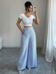New Arrival Korean Style Spring/Summer Fashionable Minimalist Elegant Linen Blue & White Striped Pants, High-Waisted Slimming Straight Leg Loose Casual Trousers For Women - Xanh và trắng - Xem 8
