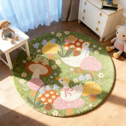 1 pieza Alfombra redonda con estampado de pato y rana - Diseño de color verde menta y rosa con setas y lotos, lavable a máquina para silla de oficina, sala de estar, dormitorio, cocina, entrada, decoración de habitación, alfombra con tema de primavera/verano, decoración de dormitorio, alfombra pequeña, alfombra, decoración del hogar, alfombra de sala de estar, alfombra pequeña de sala de estar, alfombra de dormitorio, decoración del hogar de sala de estar, alfombra de exterior, alfombra lavable, adecuada para decoración de fiestas, mejora el estilo del hogar, decoración necesaria para agregar encanto festivo, aumenta la felicidad