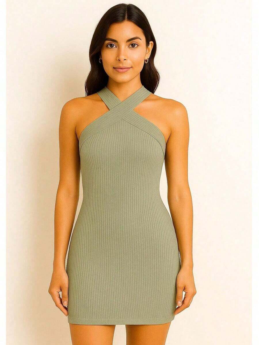 Short Dress With Crossed Straps – Fitted, Sexy, And Elegant For Parties - Mint Green - View 1