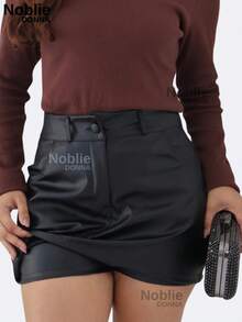 Women's Tailored Short Skirt, Formal Casual Style, With Zipper, Pocket, And Button - 黑色 - 查看 5