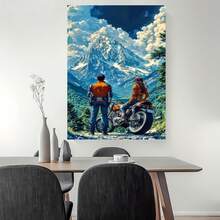 Plano 2D, 1 pieza de pintura en lienzo plano 2D sin marco: Pareja en motocicleta bajo montañas nevadas - Arte decorativo con chaquetas naranjas y magnífico paisaje de montaña, disponible en varios s 12x18, 16x24, 24x36in, un regalo decorativo perfecto para sala, dormitorio, comedor, espacios - Enmarcado - Ver 3