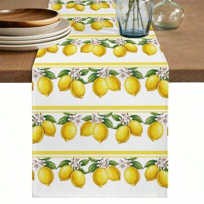 Summer Lemon Fruits Yellow Stripes Table Runner Holiday Party Decor Washable Farmhouse Kitchen Dining Table Runner Wedding Decorations