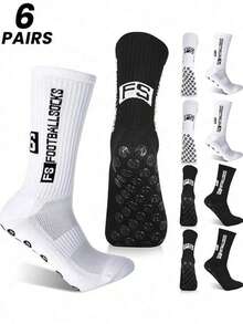 1/3/6 đôi tất bóng đá nam, chất liệu vải bông dày dặn, đệm êm, cổ thấp/trung bình/cao, chống trơn trượt, bền chắc. - Đen và trắng - Xem 6