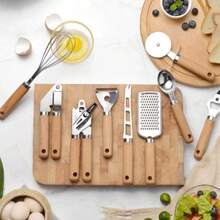 9pcs Wooden Handle Kitchen Tool Set, Includes Whisk, Bottle Opener, Ice Cream Scoop, Pizza Cutter, Peeler, Cheese Grater, Can Opener, Cheese Knife - Durable Cooking Utensils For Home Chef - View 4