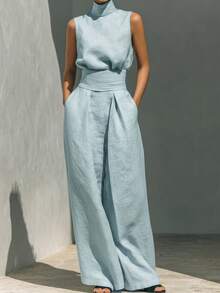 Women's Casual Solid Color Sleeveless Top Pants Set - Baby Blue - View 2