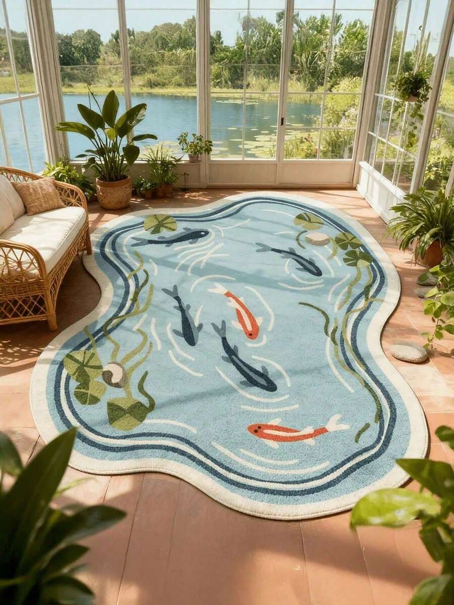 1pc Luxury Fish Pond Koi Fish Rug - Large Carpet Suitable For /Outdoor Use, & Anti-Slip Backing, Machine Washable Soft Floor Mat For Living Room, Bedroom, - Jumbo Size Carpet - 04 - 查看 1