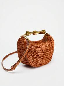Bolso de hombro mini con cremallera y asa de metal, correa de hombro ajustable, tejido para la playa - Naranja - Ver 6