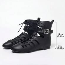 Giày bốt nữ màu đen sọc, khoét lỗ, kiểu dáng bất đối xứng, buộc dây, mũi tròn, đế bằng, có thể điều chỉnh, đa năng, phong cách thường ngày, năng động, phù hợp cho kỳ nghỉ, công sở, đi làm, thời trang hàng ngày, mùa xuân/hè. - màu đen - Xem 8