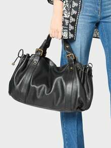 女士波士顿包，纯色简约抽绳设计手提包，通勤单肩托特包，柔软PU材质 - 黑色 - 查看 1