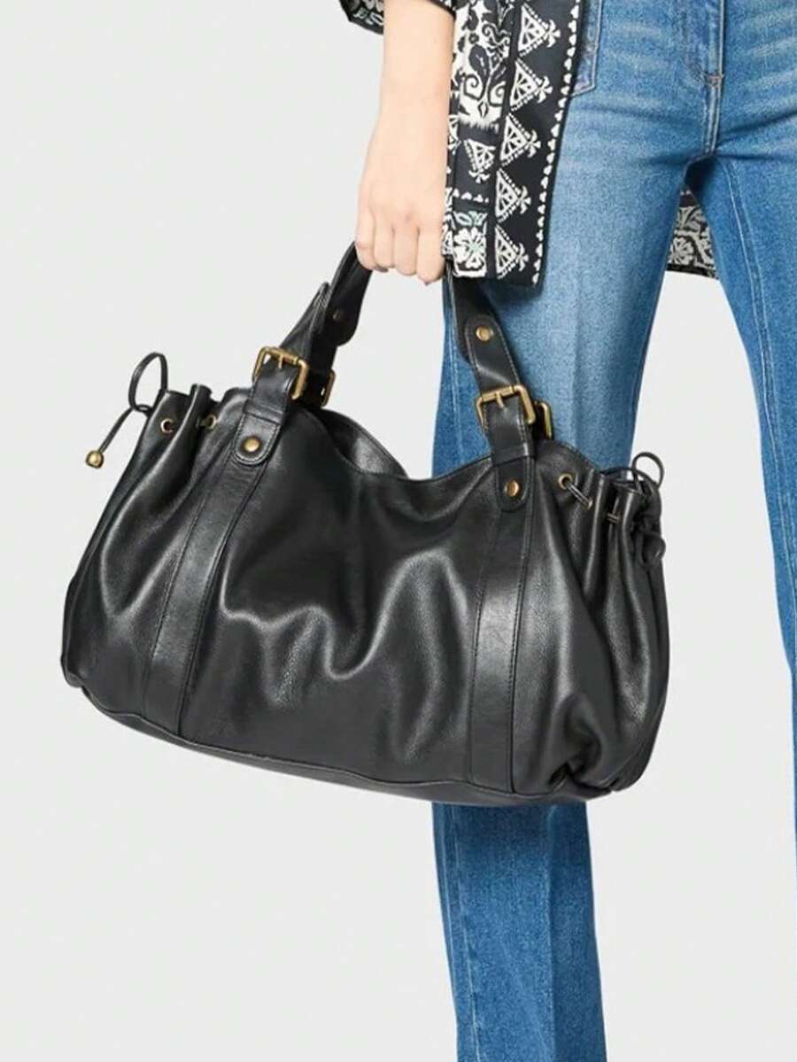 女士波士顿包，纯色简约抽绳设计手提包，通勤单肩托特包，柔软PU材质 - 黑色 - 查看 1