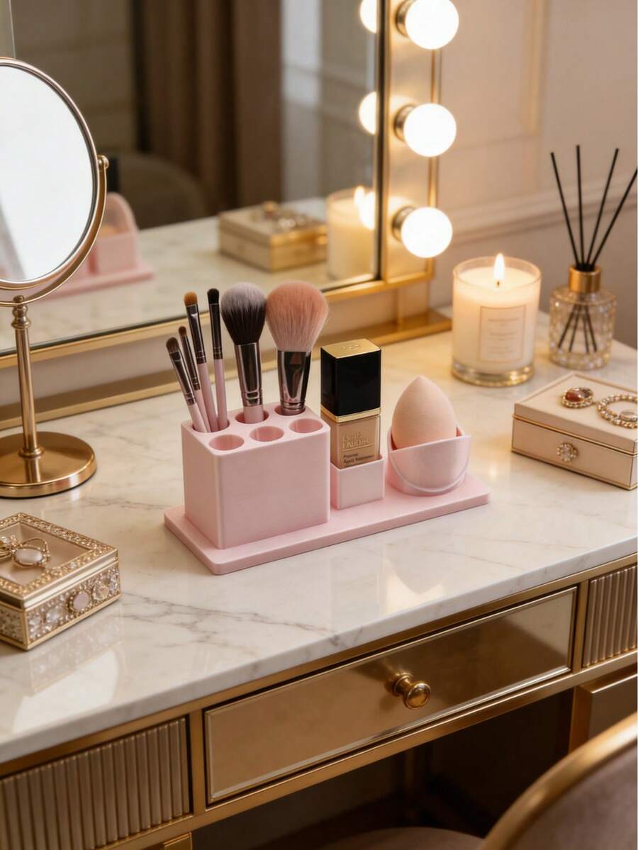 1 pieza Organizador de maquillaje elegante, minimalista y multifuncional para brochas de maquillaje y pequeñas herramientas de maquillaje - Rosa - Ver 1