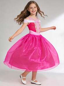 Vestido plisado con bloques de color lindo para niña, adecuado para fiestas y banquetes - Rosa Fucsia - Ver 3