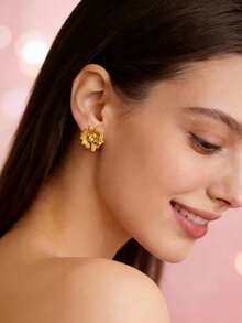 Bông tai hình hoa mạ vàng đính đá Cubic Zirconia | Khuyên tai bạc S925 không gây dị ứng | Bông tai tối giản mạ vàng mờ - Vàng - Xem 1