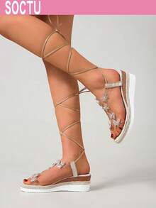 女士圆头时尚性感厚底坡跟舒适厚底凉鞋 - 白色 - 查看 3