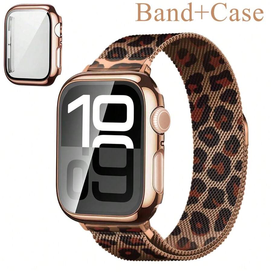 适用于 40mm、41mm、42mm、44mm、45mm、46mm、49mm 的磁吸式表带和保护壳,男女通用不锈钢米兰尼斯编织表带,为 Ultra SE 11/10/9/8/7/6/5/4/3/2/1 系列提供全面保护 - 豹紋 - 查看 1