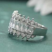 Luxury Fashion Multi-Row Synthetic Cubic Zirconia Wide Band Ring, Handmade Jewelry Suitable For Parties And Gatherings, Perfect Gift For Women - Silver - View 5