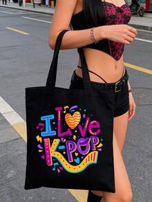 我爱K-Pop帆布手提袋，大容量K-Pop粉丝周边礼品，通勤购物袋，可折叠休闲杂货袋，适合音乐爱好者，适用于旅行、演唱会、粉丝活动、派对、工作、日常使用，粉丝生日礼物、偶像周边、节日礼物、演唱会礼物 - 彩色 - 查看 8