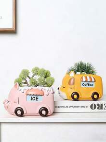 Cute Animal Bus Succulent Planter Resin Decor – Adorable Dog/Fox/Panda/Pig Cart Flower Pot For Desk, Bedroom & Garden. Perfect Kawaii Home Decor To Brighten Your Space, Great Gift For Plant Lovers & Kids! - 1pc - View 8