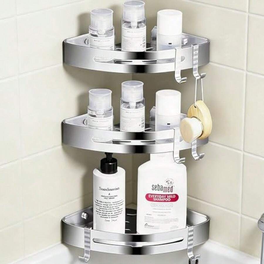Estanteria Duca sin dros 3 Piezas Estante Duca Acero Inoxidable Estanteria sin dro con 6 Gancos Colgante para Pared Accesos para Baño para Baño Cocina otel Plata - como en la foto - Ver 1