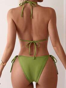 Swim Mod Women's Swimsuit, Two-Piece Bikini Set With Halter Neck, Ruffles And Bow In Solid Color For Summer - 綠色的 - 查看 4