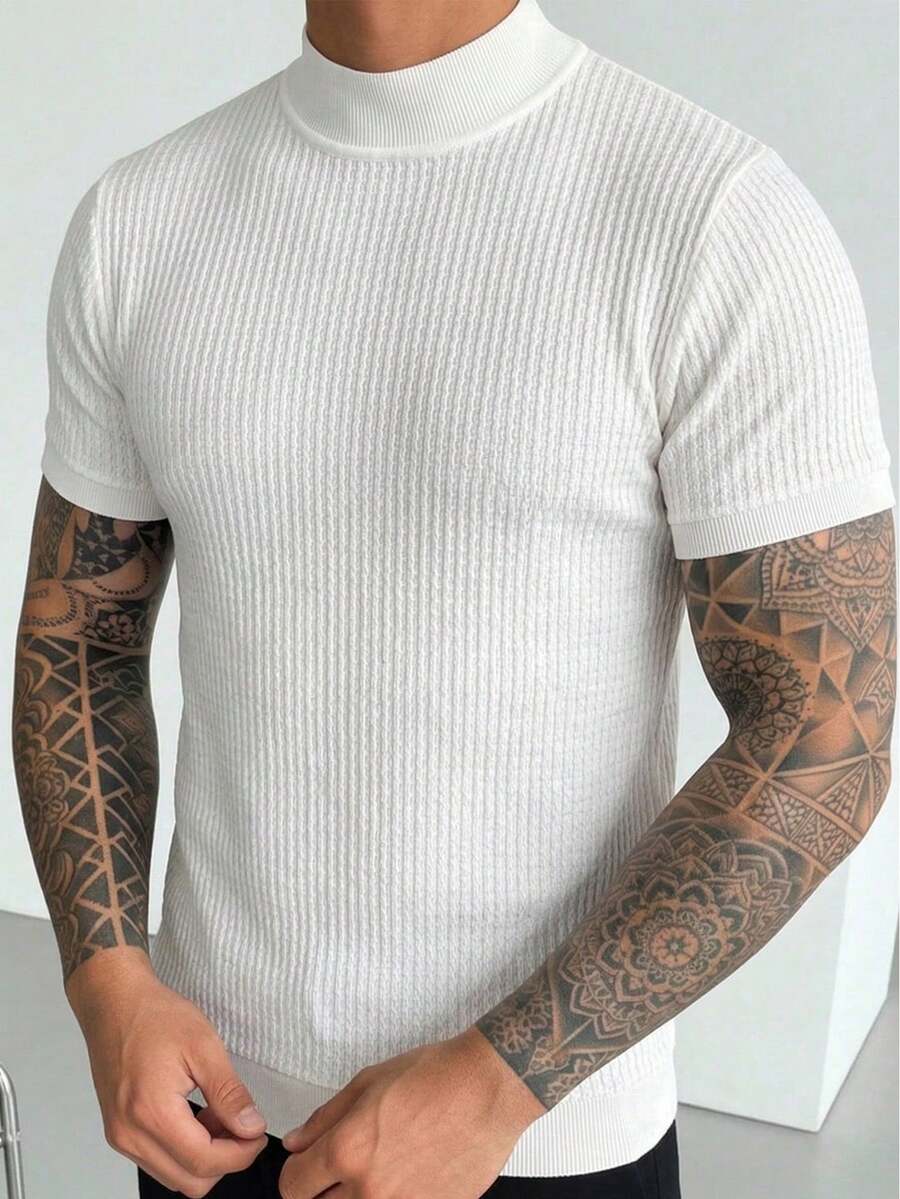 男士高领纹理短袖毛衣一件，新款夏季针织上衣 - 白色 - 查看 1