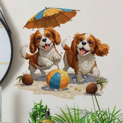 1pc Featuring Two Dogs Playing On The Beach, Illustrated In A Delightful Watercolor Style. For Toilet Seat Cover Sticker, Water Tank Sticker, Bathroom Decor Items, Humorous Toilet Stickers