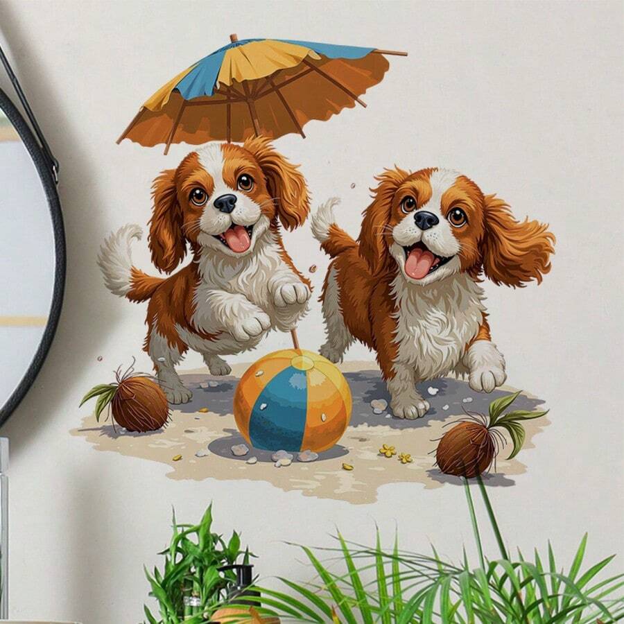 1 pieza con ilustración de dos perros jugando en la playa, en un estilo de acuarela encantador. Para pegatina de tapa de inodoro, pegatina del tanque de agua, artículos de decoración de baño, pegatinas de inodoro humorísticas - A - Ver 1