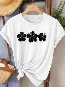 Women's Elegant Style Short Sleeve Hibiscus Print Round Neck Women's Short Sleeve Suitable For Spring And Summer Fashion Commuting Vacation Daily Versatile Casual Elegant Retro Style Top - 白色 - 查看 1