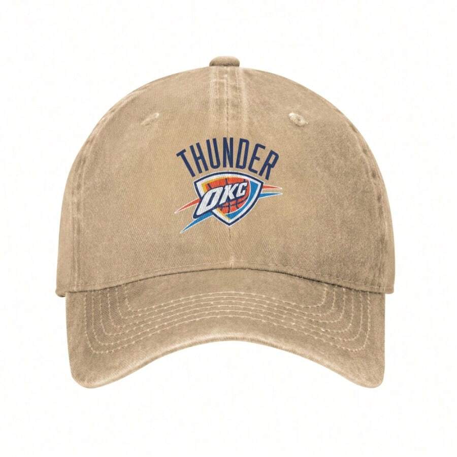 Oklahoma City Thunder Logo Baseball Cap Washed Denim, Adjustable Unisex Hat For Sports, Casual, Beach Outdoor | Retro Classic Design - Màu Khaki - Xem 1